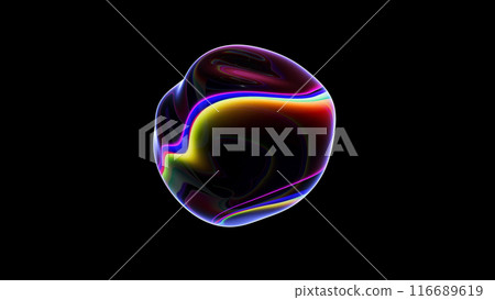 Distortion drop of liquid with holographic surface. 3D abstract neon rainbow wavy sphere. Seamless loop. Dynamic fashionable smooth moving abstract round shape. Distortion drop of liquid with holographic surface. 3D abstract neon rainbow wavy sphere. Seamless loop. Dynamic fashionable smooth moving abstract round shape. 116689619