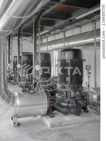 High power pumps inside a heating plant. 116689700