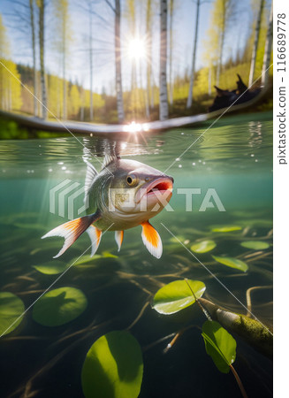 Fish above or under the water of a lake or river in a birch forest on a sunny day. Image on the horizon with water Fish above or under the water of a lake or river in a birch forest on a sunny day. Image on the horizon with water 116689778