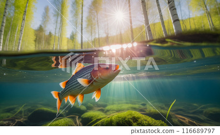 Fish above or under the water of a lake or river in a birch forest on a sunny day. Image on the horizon with water 116689797