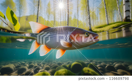 Fish above or under the water of a lake or river in a birch forest on a sunny day. Image on the horizon with water 116689798