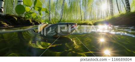 Fish above or under the water of a lake or river in a birch forest on a sunny day. Image on the horizon with water 116689804