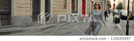Beautiful confident blonde woman or girl, maybe a business woman, walking down the street of a big old city wearing sunglasses in a gray dress and with a leather handbag. Copy space Beautiful confident blonde woman or girl, maybe a business woman, walking down the street of a big old city wearing sunglasses in a gray dress and with a leather handbag. Copy space 116689897