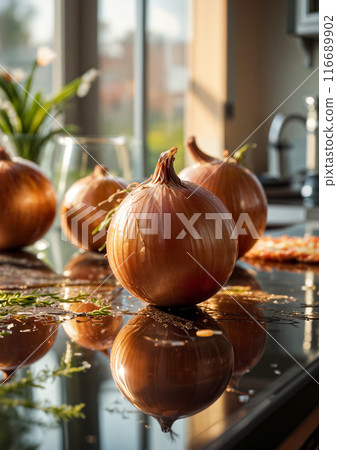 Many unpeeled yellow or brown onions, some of which are cut, lie on a reflective glass table in the kitchen at sunrise or sunset. Close-up, side 116689902