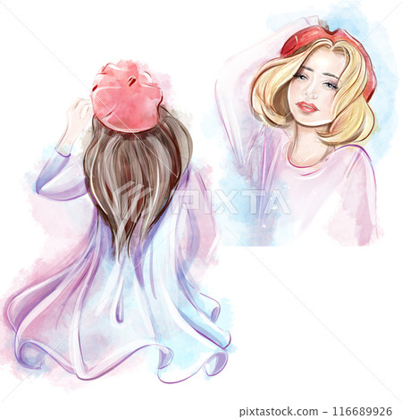 Watercolor illustration of a beautiful girl in a red beret, travel to France, fashion. Romantic girl, clipart 116689926