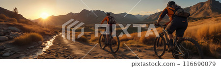 Two cyclists ride mountain bikes through the valley against the background of sunset and rocky mountains. 116690079