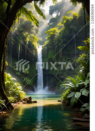 A large high beautiful waterfall in the middle of a green deciduous jungle cascading into a calm turquoise lake. Copy space 116690094