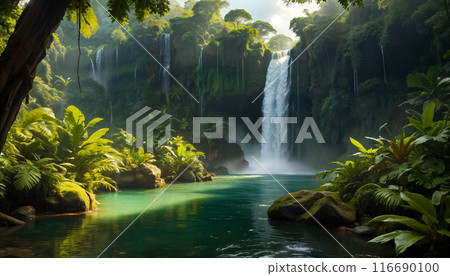 A large high beautiful waterfall in the middle of a green deciduous jungle cascading into a calm turquoise lake. Copy space 116690100