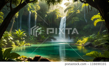 A large high beautiful waterfall in the middle of a green deciduous jungle cascading into a calm turquoise lake 116690101