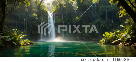 A large high beautiful waterfall in the middle of a green deciduous jungle cascading into a calm turquoise lake. Copy space 116690102