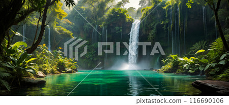 A large high beautiful waterfall in the middle of a green deciduous jungle cascading into a calm turquoise lake. Copy space 116690106