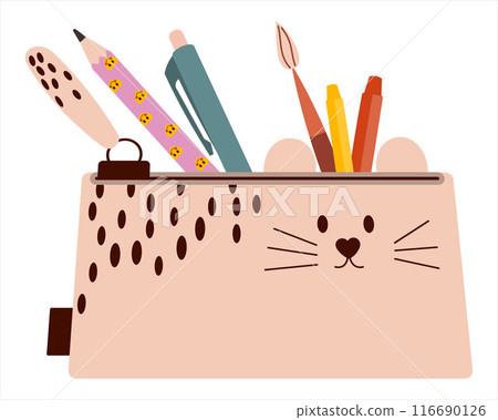 Cute school pencil case filled with stationery pencils, brushes. Illustration of school supplies. Suitable for stickers and poster design, banners. 116690126