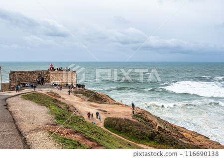 The lighthouse at the Fort of St. Michael the Archangel in Nazare, Portugal 116690138