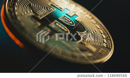 Slow motion of spinning golden bitcoin coin. P2P BTC trading 116690588