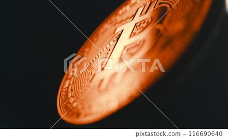 Gold bitcoin coin spins on the dark background 116690640