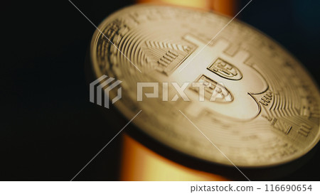 Slow motion of spinning golden bitcoin coin. P2P BTC trading 116690654