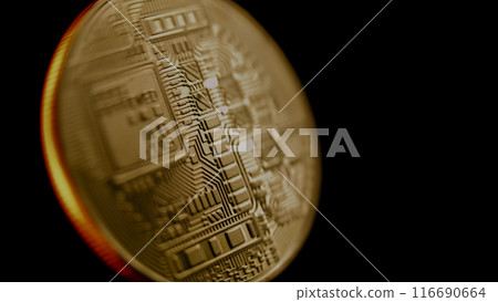 Close up of spinning golden bitcoin coin. Digital cryptocurrency virtual money Close up of spinning golden bitcoin coin. Digital cryptocurrency virtual money 116690664