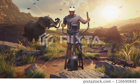 Sportsman in VR headset starts training on orbitrek. Virtual reality screen with Savanna landscape 116690685