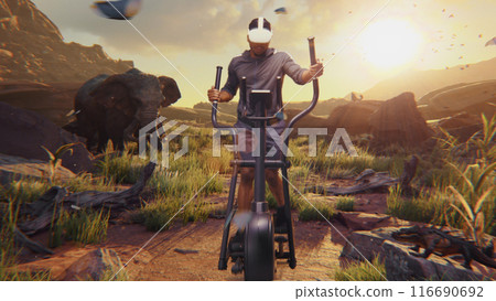 Sportsman in VR headset starts training on orbitrek. Virtual reality screen with Savanna landscape 116690692