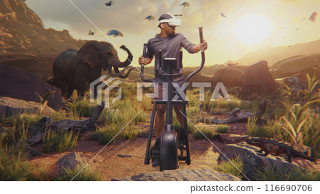 Sportsman in VR headset starts training on orbitrek. Virtual reality screen with Savanna landscape Sportsman in VR headset starts training on orbitrek. Virtual reality screen with Savanna landscape 116690706