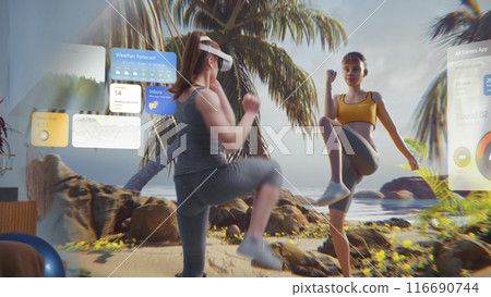 Athletic woman in AR headset starts online training. Virtual coach and interface of fitness app 116690744