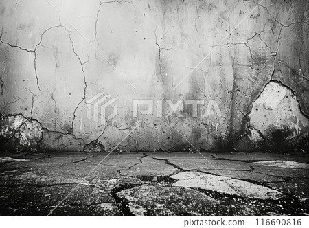 Cracked Concrete Wall and Floor in Black and White Cracked Concrete Wall and Floor in Black and White 116690816
