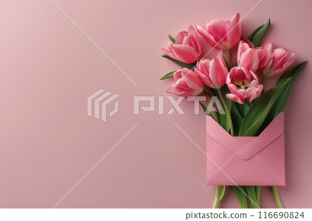 Pink Tulips and a Pink Envelope on a Pink Background Pink Tulips and a Pink Envelope on a Pink Background 116690824