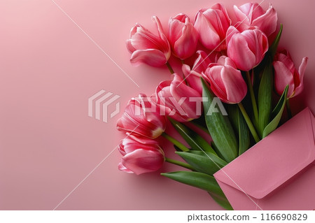 Pink Tulips and a Pink Envelope on a Pink Background 116690829