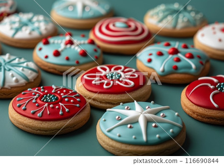 Decorated Sugar Cookies With Winter And Holiday Designs On Blue Background 116690844