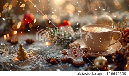 Gingerbread Man Latte With Winter Decor and Falling Snow Gingerbread Man Latte With Winter Decor and Falling Snow 116690868