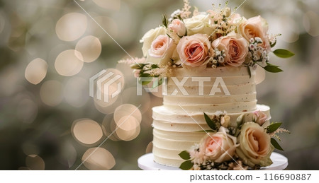 Two Tier Wedding Cake With Pink Roses and Greenery 116690887