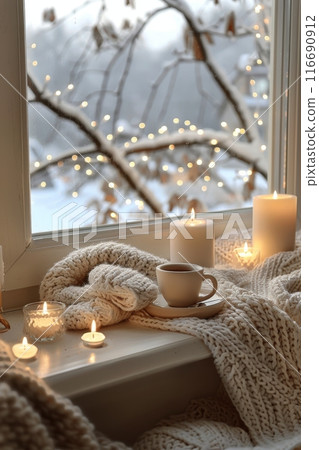 Cozy Winter Window Scene With Candles, Flowers, and Tea Cozy Winter Window Scene With Candles, Flowers, and Tea 116690912