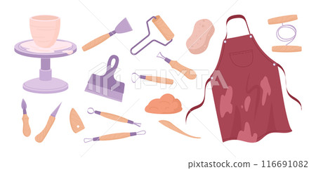 Ceramics studio tools. Pottery wheel, knife and apron, potters equipment for making ceramics flat vector illustration set. Clay crafting workshop elements Ceramics studio tools. Pottery wheel, knife and apron, potters equipment for making ceramics flat vector illustration set. Clay crafting workshop elements 116691082