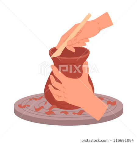 Potter modeling clay vase. Potters hands making pot on potters wheel flat vector illustration. Cartoon ceramic studio pottery workshop 116691094