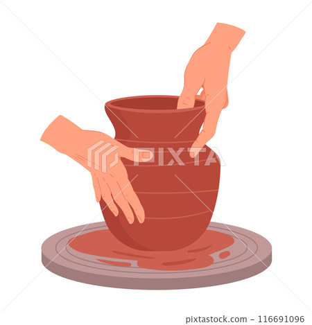 Potters hands create vase on potters wheel. Ceramic studio potter modeling clay vase, hands making pot flat vector illustration. Pottery workshop process 116691096