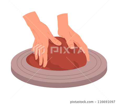 Potters hands work with clay. Ceramic studio potter modeling earthenware, hands making pot or vase flat vector illustration. Pottery workshop process Potters hands work with clay. Ceramic studio potter modeling earthenware, hands making pot or vase flat vector illustration. Pottery workshop process 116691097