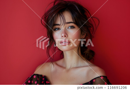 Young Woman With Long Brown Hair and Red Lipstick Posing Against Red Background 116691206