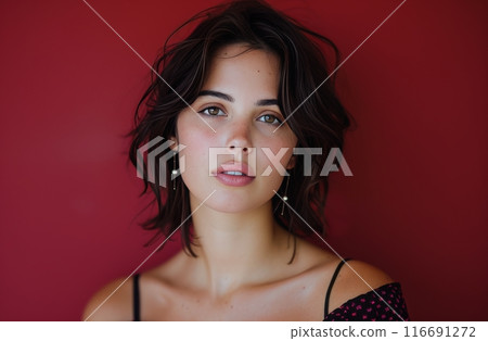 Young Woman With Long Brown Hair and Red Lipstick Posing Against Red Background 116691272