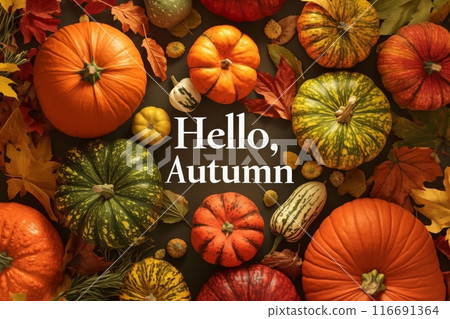 A colorful display of pumpkins and leaves with the words "hello A colorful display of pumpkins and leaves with the words "hello 116691364