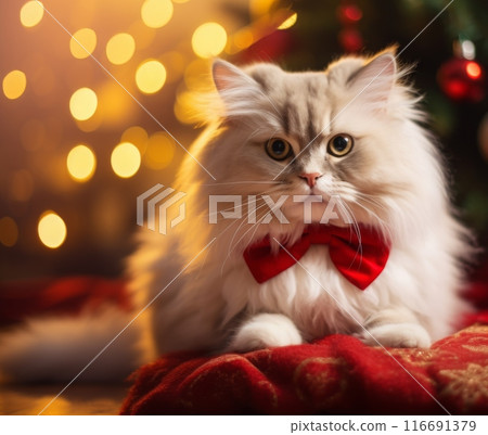 A cat wearing a red bow tie 116691379