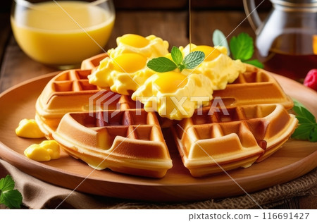 Delicious waffles with scrambled eggs and syrup on a wooden plate. 116691427