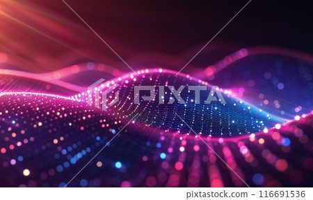 Abstract Pink And Blue Light Waves Of Digital Particles 116691536