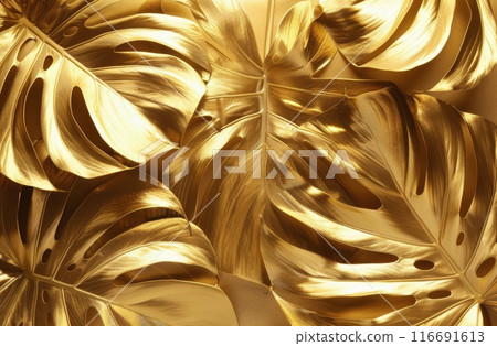 Close Up of Golden Monstera Leaves on a Dark Background 116691613