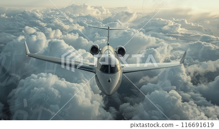 Private Jet Flying Above Fluffy Clouds at Sunset 116691619