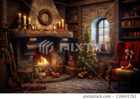Cozy Christmas fireplace with gifts and decorations 116691761