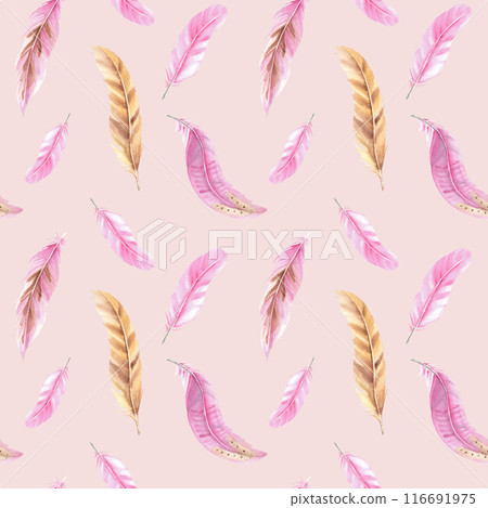 Pink and beige Feathers Watercolor seamless pattern on a pink background. Hand drawn illustration. Can be used for fabric, textile and packaging prints. Pink and beige Feathers Watercolor seamless pattern on a pink background. Hand drawn illustration. Can be used for fabric, textile and packaging prints. 116691975