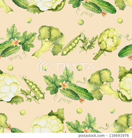 Green Vegetables Watercolor Seamless Pattern with Peas, Broccoli, Cauliflower and Cucumbers, Parsley plant and Artichoke on a beige background. Can be used for kitchen textile prints, product Green Vegetables Watercolor Seamless Pattern with Peas, Broccoli, Cauliflower and Cucumbers, Parsley plant and Artichoke on a beige background. Can be used for kitchen textile prints, product 116691976