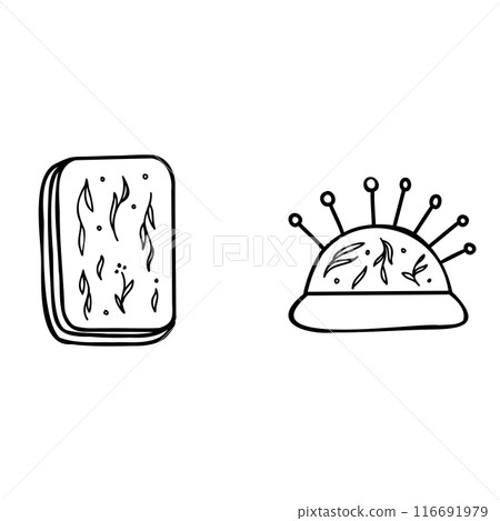 Vintage Needle Box and Pad with Pins. Sewing accessories, Tailor's supply for needlework. Hand drawn Vector illustration in Doodle Style isolated on white background. Perfect for Manual stitching 116691979