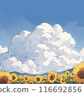 Background of a sunflower field under a blue sky and large clouds. AI-generated material 116692856