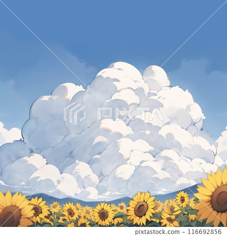 Background of a sunflower field under a blue sky and large clouds. AI-generated material Background of a sunflower field under a blue sky and large clouds. AI-generated material 116692856